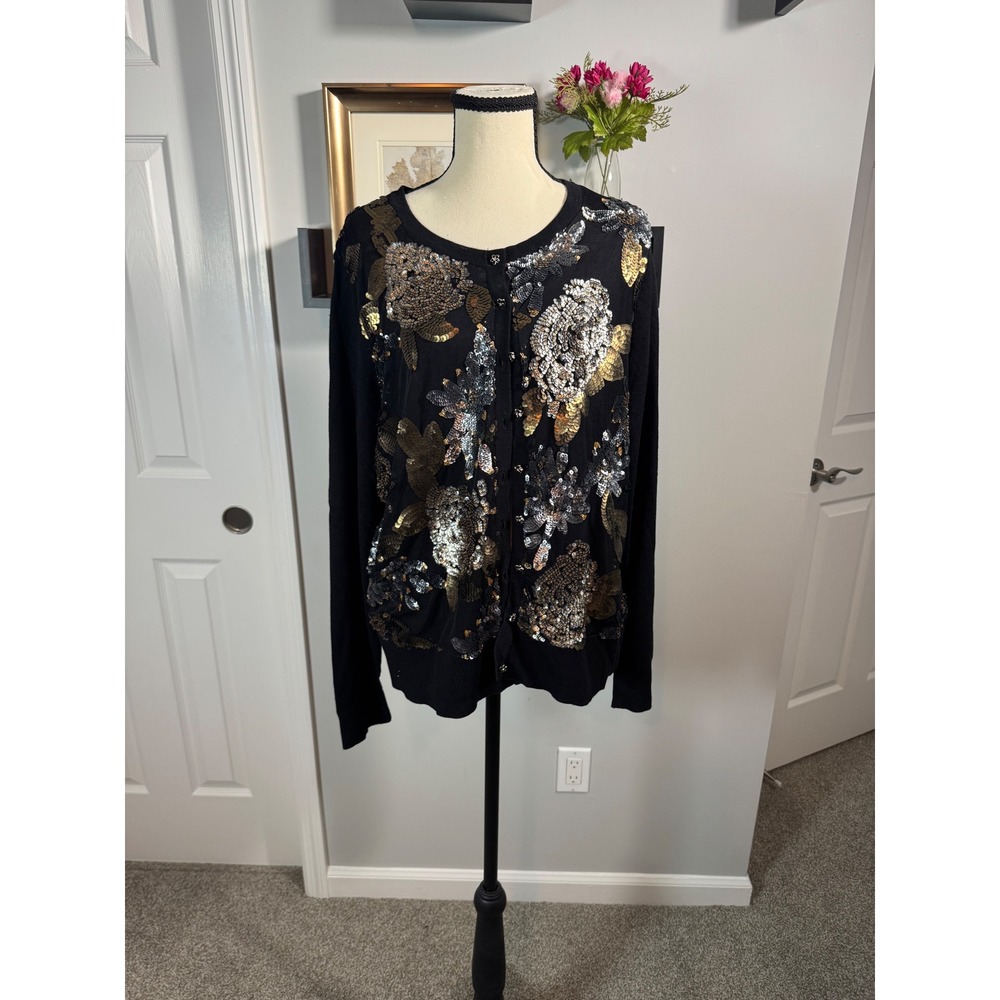 Charter Club Women XL Black Floral Sequin Party Festive Gold Silver Metallic top